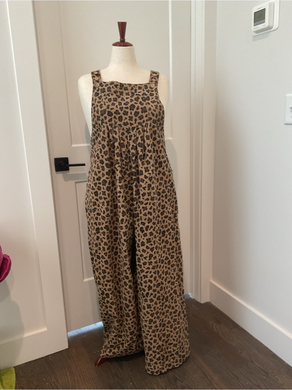 BiBi Leopard Print Corduroy Wide Leg Overalls Jumpsuit Large Boho